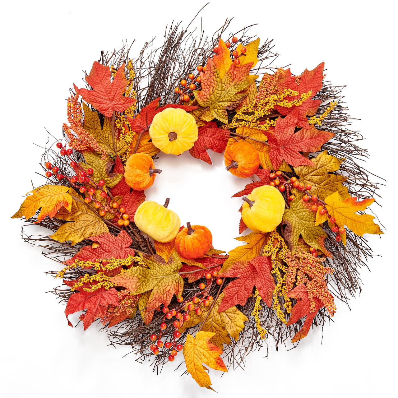 22" Pumpkin & Maple Leaf Fall Wreath on Twig Base